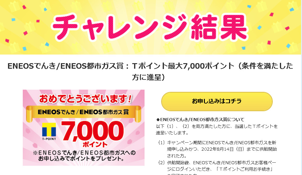 ENEOSでんき/ENEOS都市ガス賞：Ｔポイント最大7,000ポイント（条件を満たした方に進呈）
