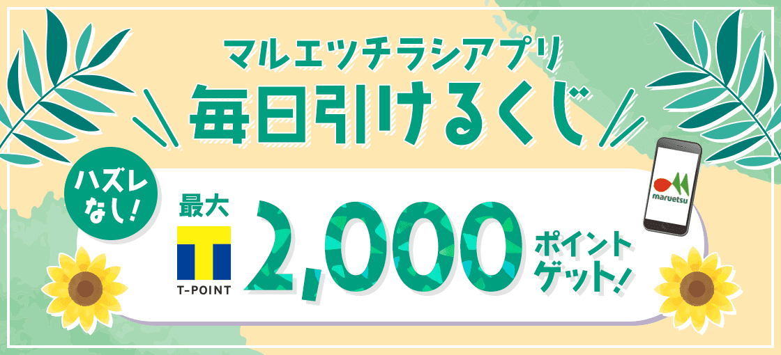 8月マルエツチラシアプリ毎日引けるくじの紹介 Tポイント2 000ptが当たる